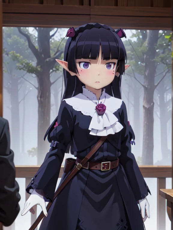 ((ruri gokou)), One girl, blush, Black Hair, Mole, Mole under eye, Hime cut, Elf, ((dark elf)), (Long ears), wood々In harmony with, (Fairy), magic, Black Costume, Robe, Mid-length skirt, Archer, Forest People, longbows, magic, wood々Spirits of, elven robe, hood, cloak, dark tunic, gloves, belt, Lush forest, magicの森, Gothic Lolita