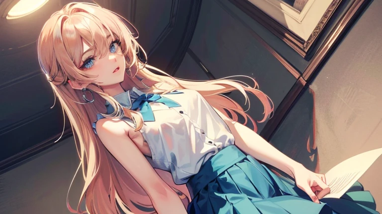 ((best quality)), ((masterpiece)), (detailed), Perfect face,, blue eyes, Pink blonde hair, off and on long hair, skirt, shirt, Jewel-like, white shirt, pleated skirt, ear nipple ring, Sleeveless, blue skirt, arms, Sleeveless shirt, off and on indoors, off and on looking at viewer, off and on (masterpiece:1.2), Best quality, high resolution, Unity8k wallpaper, (Implications:0.8), (Beautiful and delicate eyes:1.6), Extremely detailed face, perfect ligthing, 极其detailed CG, (Perfect hands, perfect anatomy),