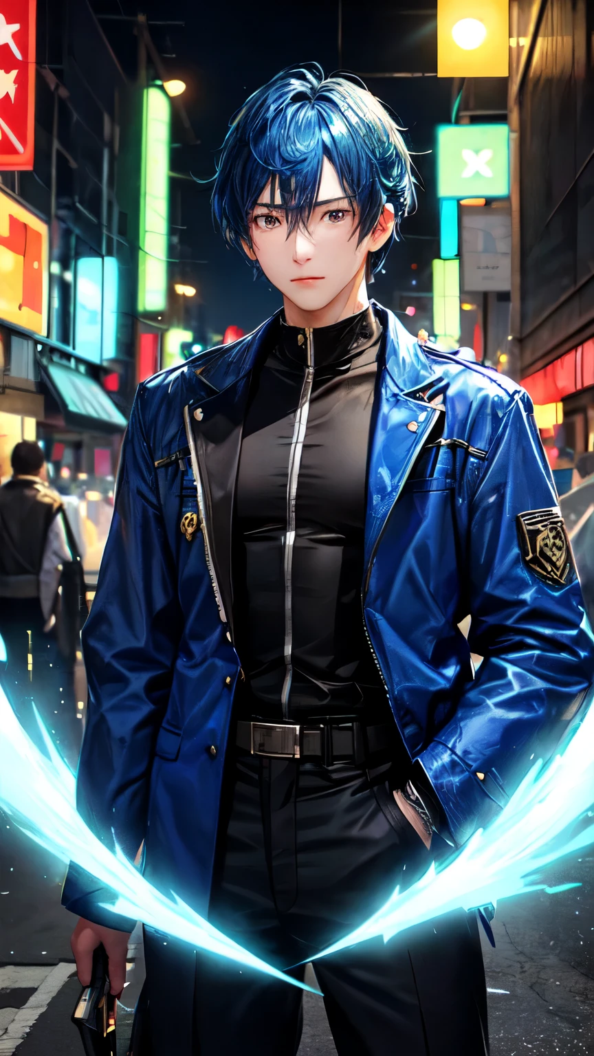 "Illustrate Yoru, the Japanese duelist from Valorant, giving a reassuring nod to his teammates before a critical mission. Yoru, with his blue hair and blue jacket, should be standing at the forefront, exuding confidence and determination. His teammates should be positioned around him, looking motivated and ready. The background should depict a dark urban environment with neon lights, highlighting the intense atmosphere before the mission."