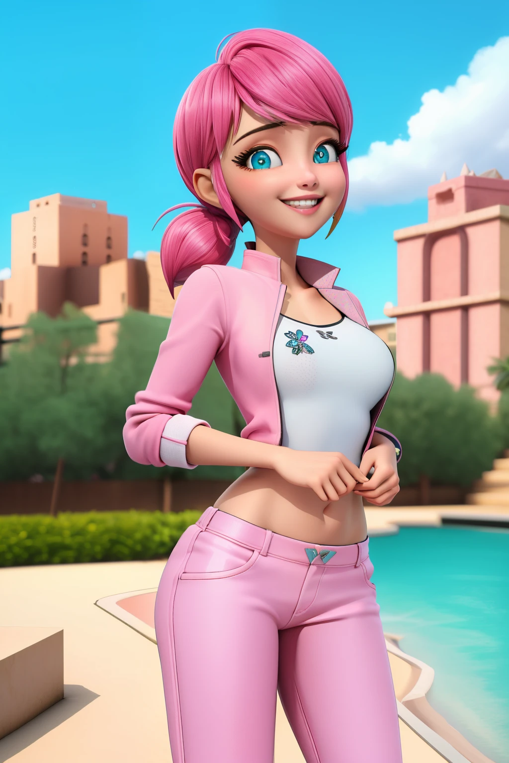 (8K, foto cruda, mejor calidad, obra maestra:1.2), (detalles intrincados), ojos perfectos, cara perfecta, perfect lighting, Hermoso, (obra maestra:1.2), (mejor calidad:1.2), 1 chica, solo, marinette, pelo azul, pelo largo suelto, adult torso, 17 years old, leve sonrisa, medium sized breasts, camisa blanca sin mangas, pink tracksuit pants