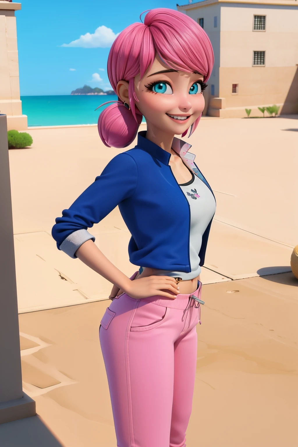 (8K, foto cruda, mejor calidad, obra maestra:1.2), (detalles intrincados), ojos perfectos, cara perfecta, perfect lighting, Hermoso, (obra maestra:1.2), (mejor calidad:1.2), 1 chica, solo, marinette, pelo azul, pelo largo suelto, adult torso, 17 years old, leve sonrisa, medium sized breasts, camisa blanca sin mangas, pink tracksuit pants