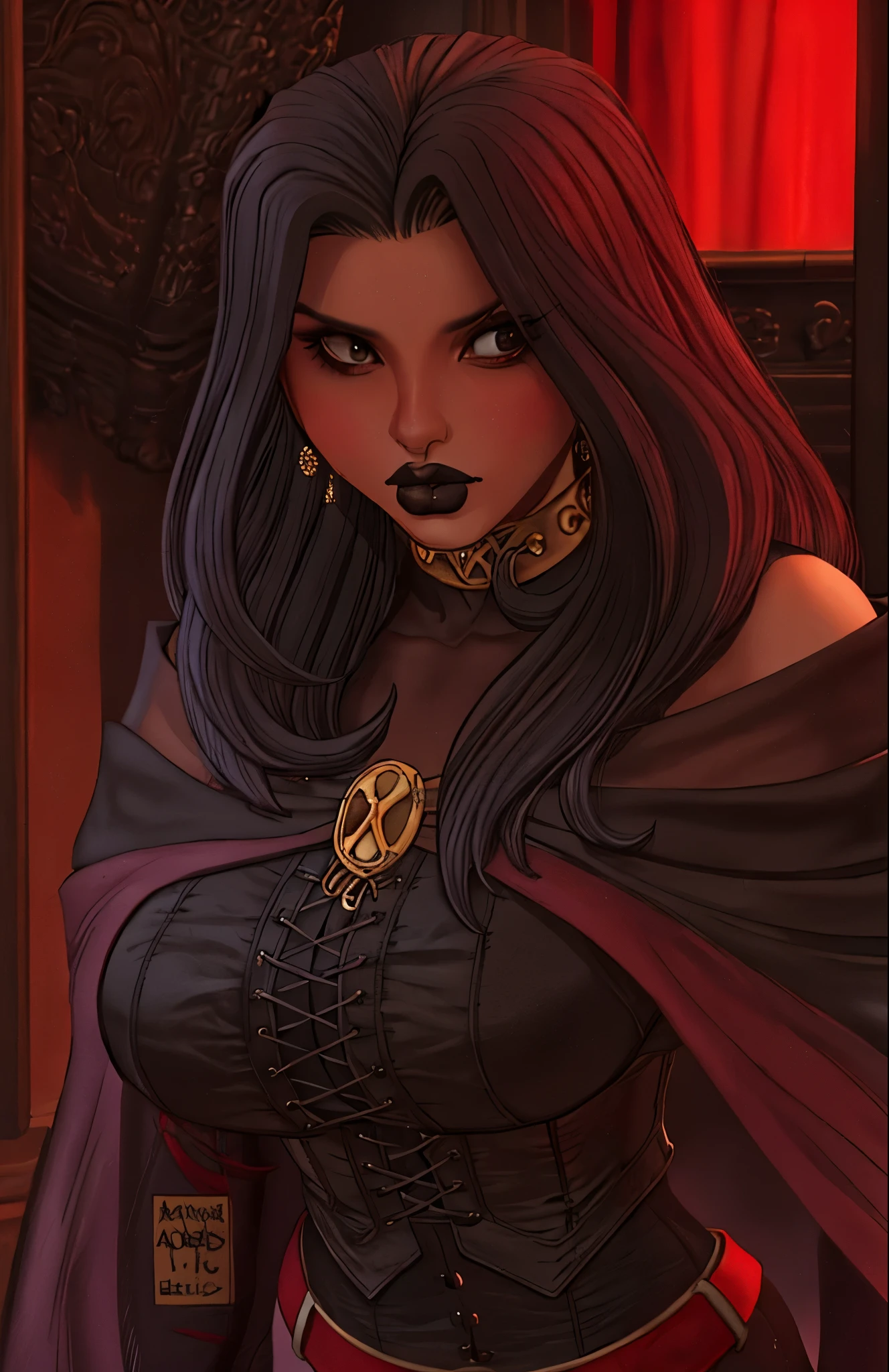 Mulher bonita com cabelo preto, corset vermelho, capa preta, perto de uma foqueria, castelo, Peitos grandes, decote,