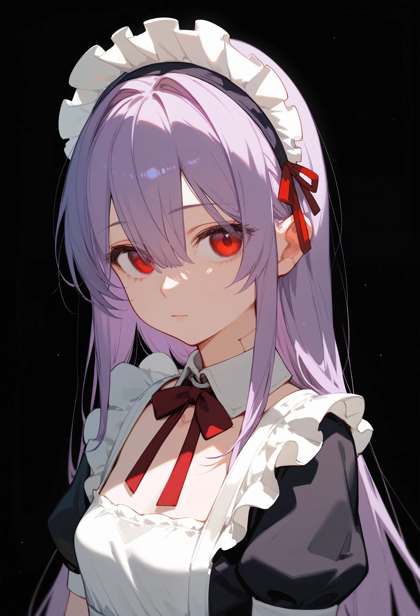 (score_9, score_8_up, score_7_up), 1girl, Upper body, maid outfit, long hair, light purple hair, long bangs, hair between eyes, eyes visible through hair, red eyes, doll joints, looking at viewer, neutral, innexpressive, small breasts, standing, arms on sides, head tilt, black background, simple background