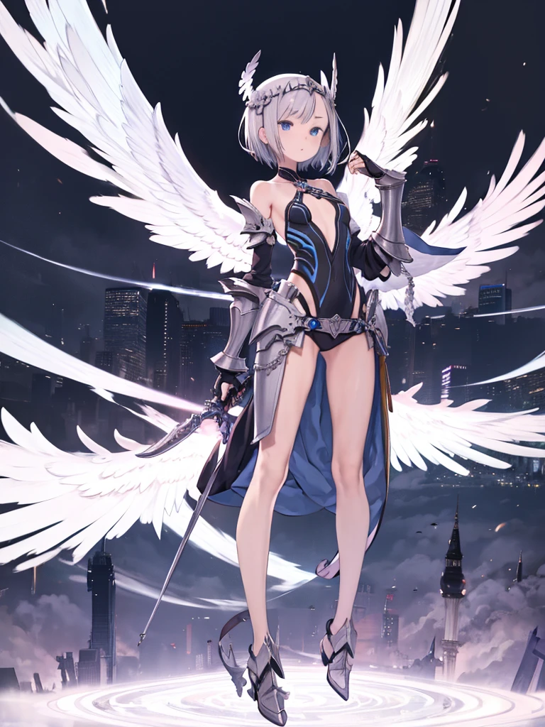 Fantasy, 1angel_girl,young_, ,Silver_hair, short_hair, length_前hair, Hello,just_shoulder,Knee socks,Silver_armor, Waist_armor, big_chest,sleepy,half_eye,1pair_wing, dynamic_Pause_Finding,floating, just_share, headgear,Gauntlet, Shin Guards,city_background,Slightly_Spread the word_feet, alone, share間_naked,