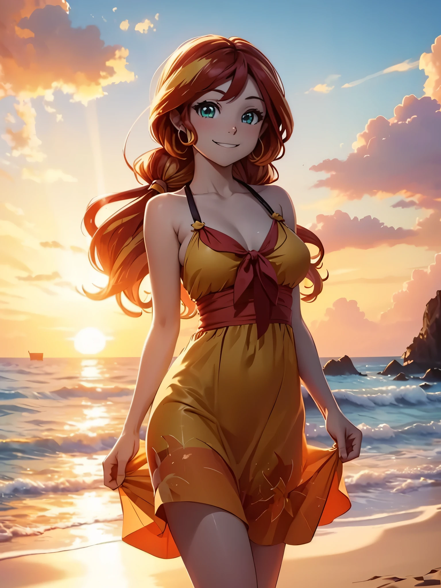 Sunsethuman, sunset shimmer, walking on the beach, smiling, teeth, cute sundress, medium breasts, pigtails