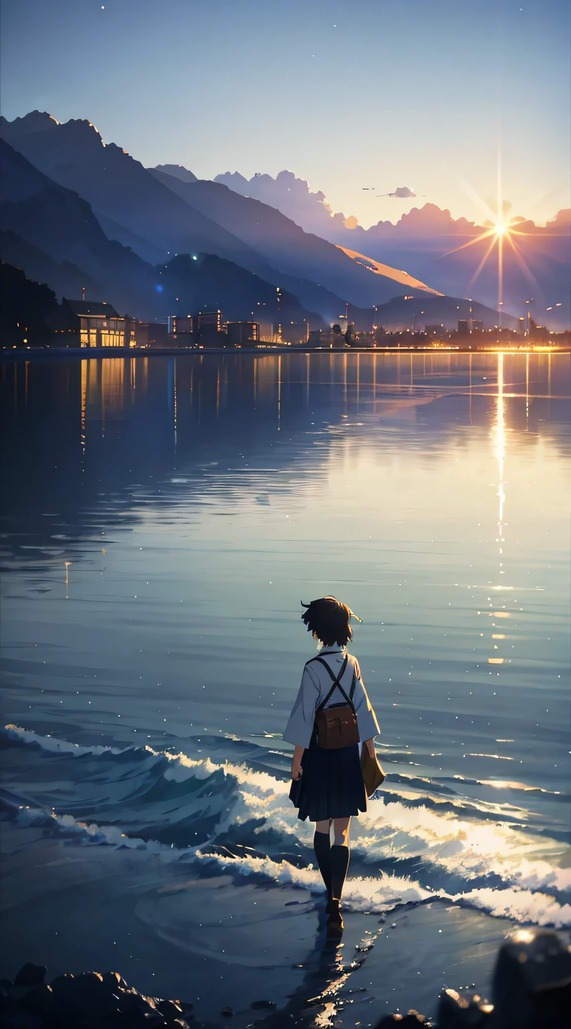 High quality masterpiece ,scenecy,Anime train passing through bodies of water on tracks, starrysky。Romantic train,pixiv,concept-art,Lofi art style,Reflectors。 by makoto shinkai, lofi art, beautiful anime scenes, Anime landscapes, Detailed scenery —width 672, in style of makoto shinkai, style of makoto shinkai,Detail enhancement。
