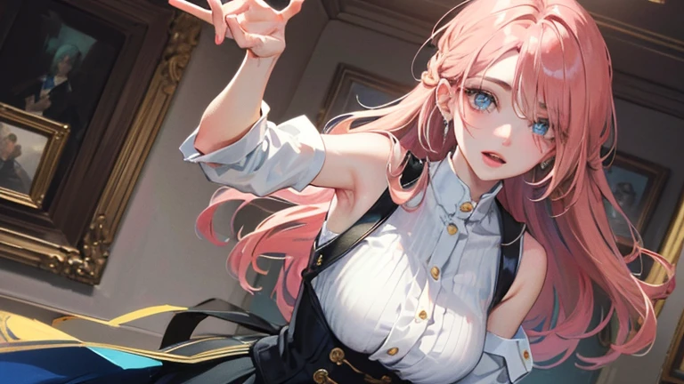 ((best quality)), ((masterpiece)), (detailed), Perfect face,, blue eyes, Pink blonde hair, off and on long hair, skirt, shirt, Jewel-like, white shirt, pleated skirt, ear nipple ring, Sleeveless, blue skirt, arms, Sleeveless shirt, off and on indoors, off and on looking at viewer, off and on (masterpiece:1.2), Best quality, high resolution, Unity8k wallpaper, (Implications:0.8), (Beautiful and delicate eyes:1.6), Extremely detailed face, perfect ligthing, 极其detailed CG, (Perfect hands, perfect anatomy),