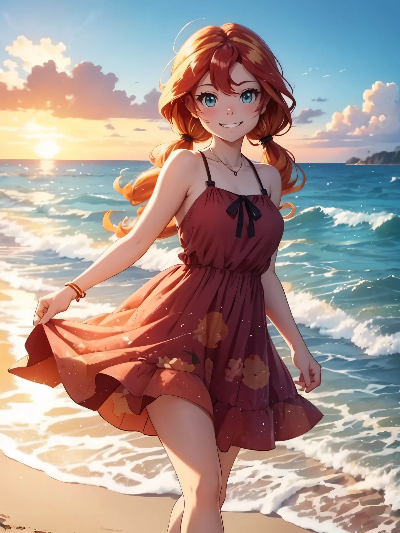 Sunset shimmer, walking on the beach, smiling showing teeth, pigtails, cute sundress