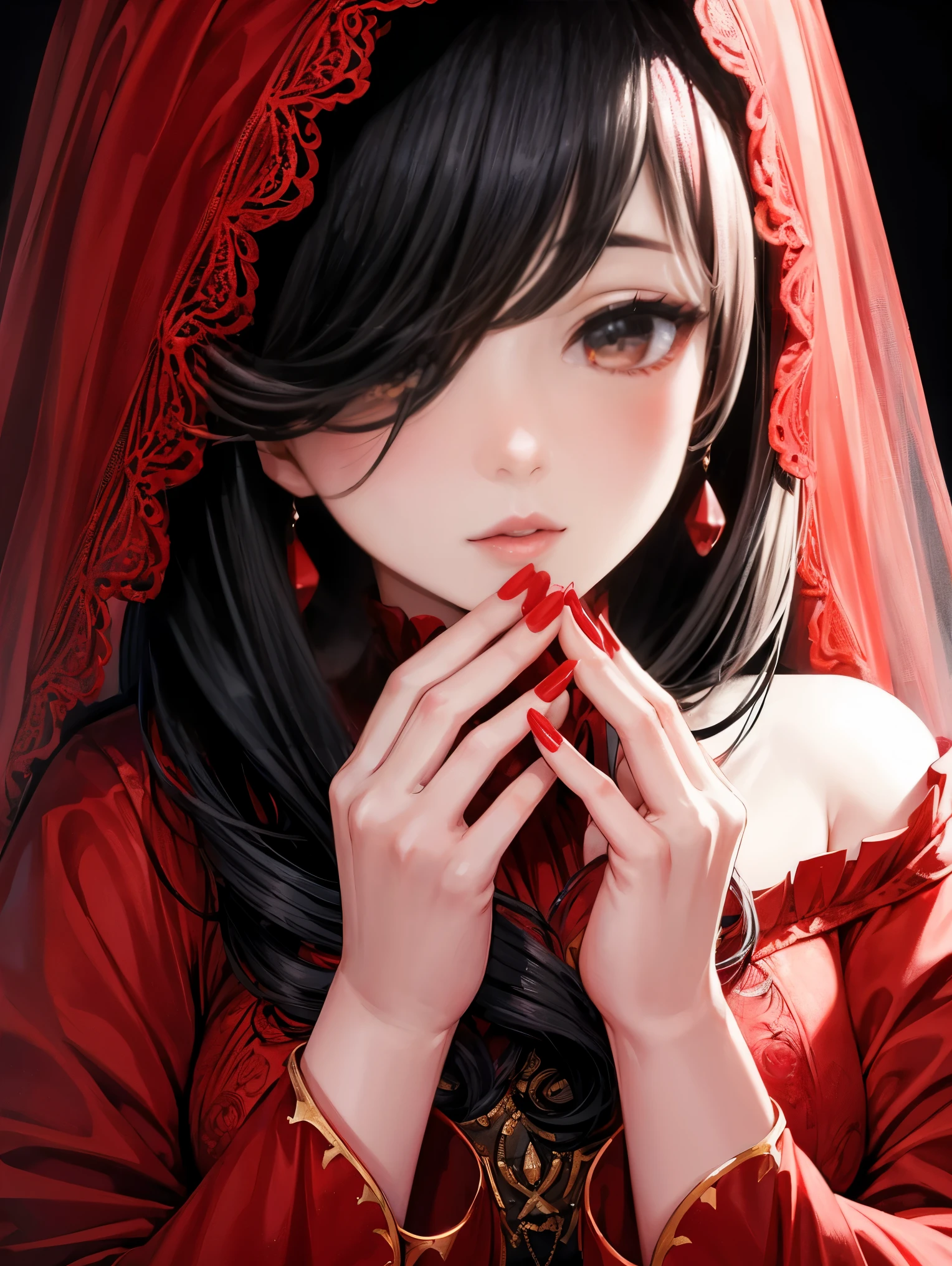 An elegant chubby woman, wearing a red veil covering her eyes, places her fingers on her lips, symbolizing silence. Her nails were long and painted bright red. The background is solid black 