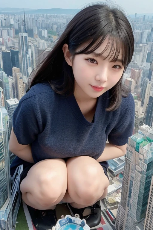 a korean woman pussy look, whose height is 10000000 kilometers, at the nano-sized miniature endless city of micro-sized endless continent world, she kneel down on top of a lot of nano-sized buildings which are much smaller than her, she feel happy and enjoy