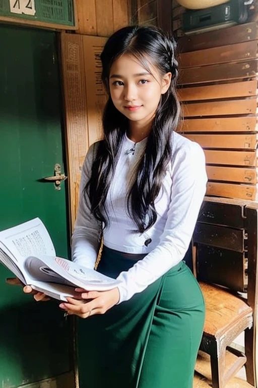a 30 year old female school teacher, tall, thin figure, big hips, large breasts, black hair, small lips, brown eyes, attractive appearance, wearing a white Burmese blouse with long sleeves and buttons on the side, a long dark green skirt, and traditional Burmese female sandals, hair in a bun
