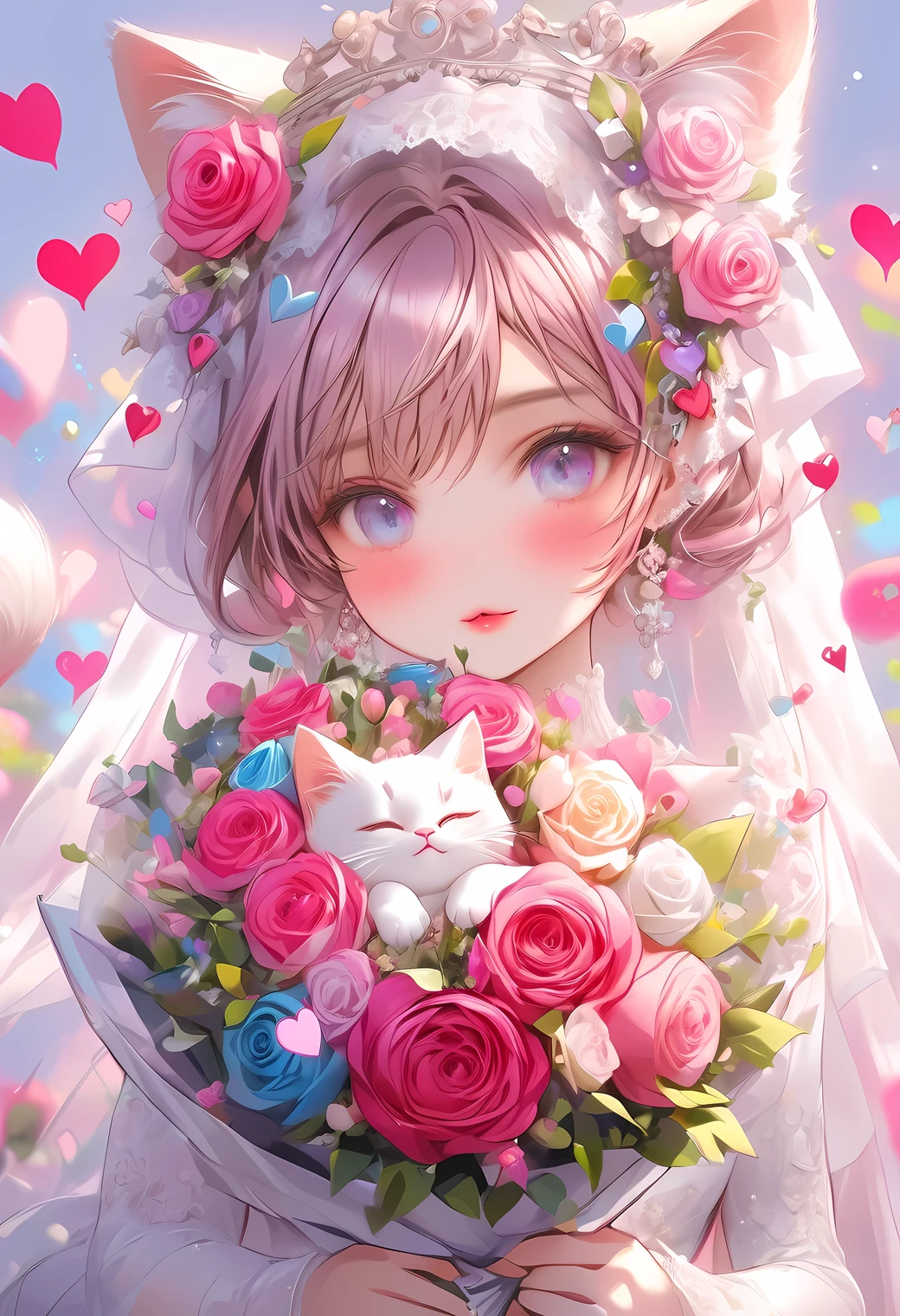 raw photo:1.2, masterpiece, highest quality, 16k, unbelievably absurd, very detailed, perfect beauty, beautiful cat girl bride with holding roseis bouquet: 1.2,vibrant colors illustration, speech bubble (meow❤hearts)
