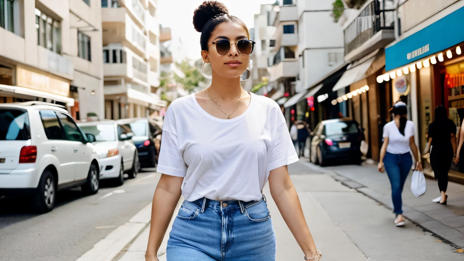 Picture a Turkish woman strolling down the bustling streets on a sunny day. The gentle breeze tousles her afro bun as she confidently strides forward. She's wearing a white t-shirt paired with blue jeans, exuding a comfortable yet stylish vibe. Amidst the hustle and bustle of the vibrant streets, she carries herself with natural grace.