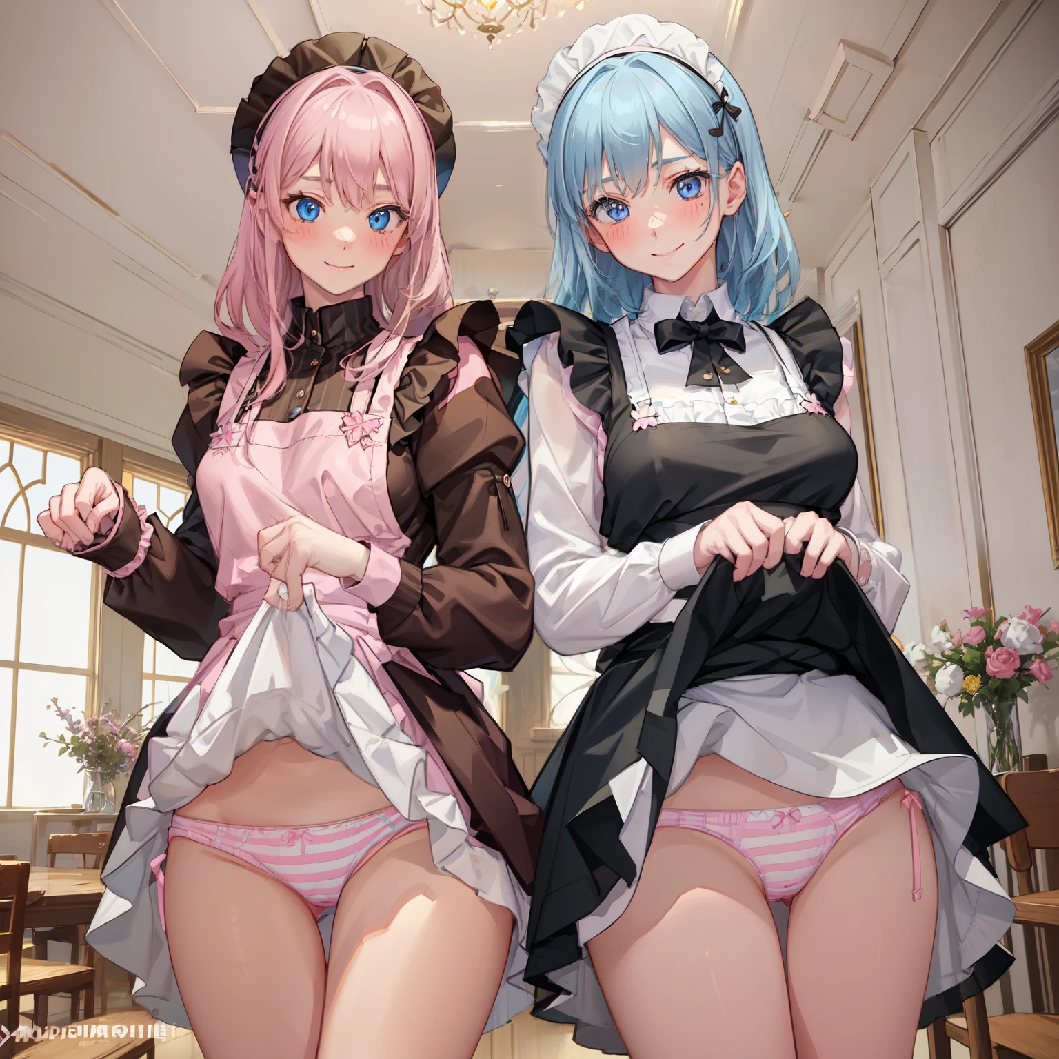 highest quality, masterpiece, ((2 girls:1.5)), ((smile:1.3)), (blush:1.3), Black Shirt, blouse, ((fun!!)), (Small breasts), Blonde, (Long sleeve), ((White apron:1.5)), ((Maid)), ((hair ornaments)), Kamimei, look at me, ((in house:1.5)), Taking a break from watching the audience, Cowboy Shot, (skirtlift:1.3), (Highly detailed pink striped panties:1.3), (Highly detailed panties:1.3), (skirt that rolls up:1.3), (Panties fully exposed:1.5), Light blue eyes, long hair, Glowing Eyes