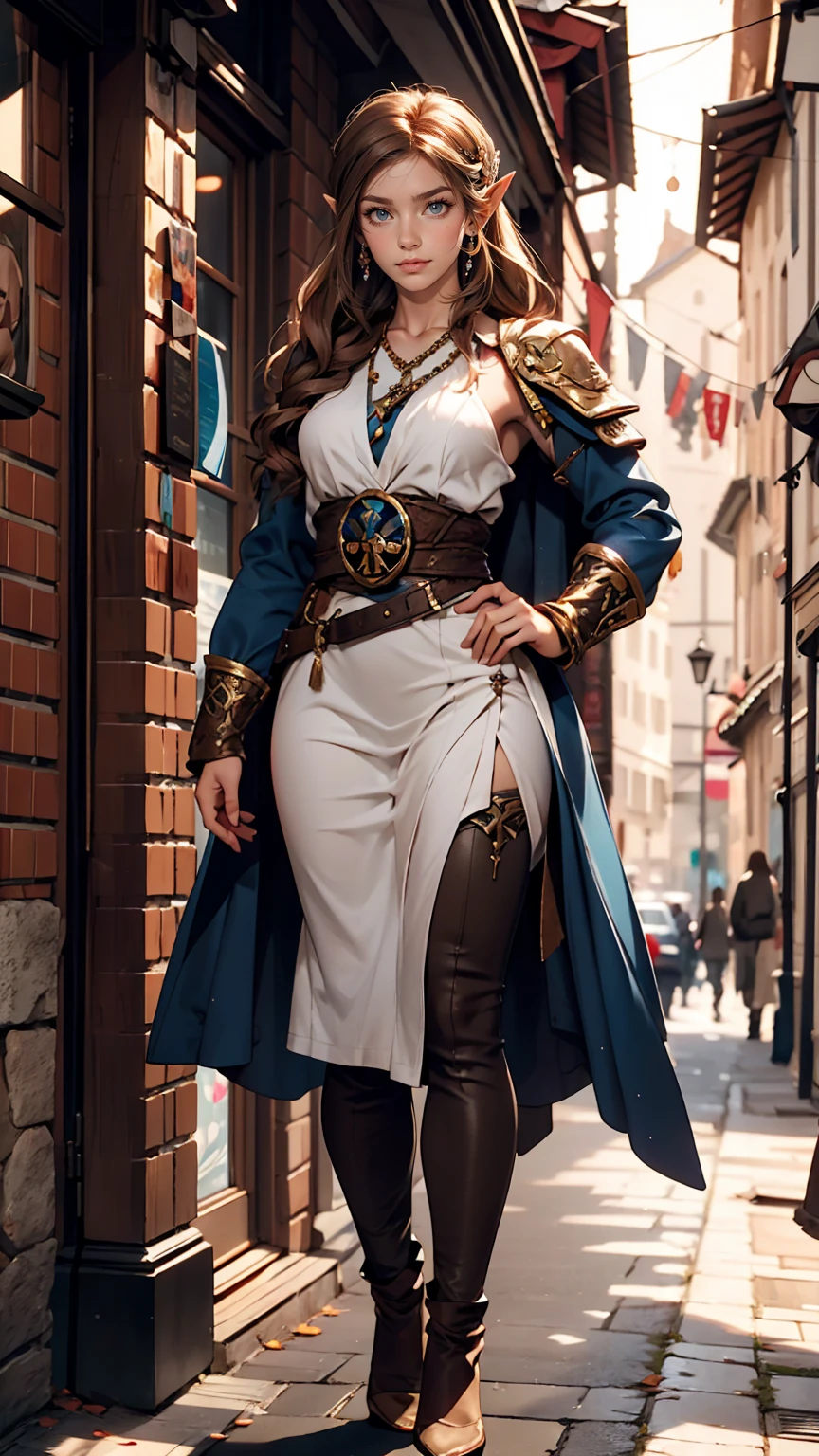 Princess Zelda full body shot, Brown Hair, blue eyes, Dressed as an Assassin&#39;s Creed Assassin, white+In gold、whiteいマスクと金色のディテールが施されたフード, XL Bust, Using the Wrist Blade. background: Renaissance city. Unreal Engine 5, anime, anime style, masterpiece, Well drawn eyes, Well-drawn faces, 細部までWell drawn eyes, 細部までWell-drawn faces, 8k, Light and shadow effects.  