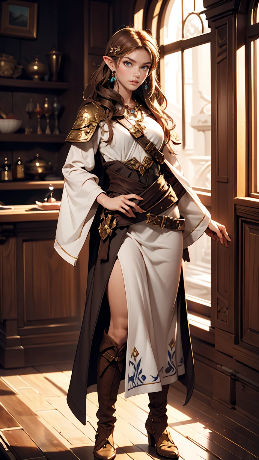 Princess Zelda full body shot, Brown Hair, blue eyes, Dressed as an Assassin&#39;s Creed Assassin, white+In gold、whiteいマスクと金色のディテールが施されたフード, XL Bust, Using the Wrist Blade. background: Renaissance city. Unreal Engine 5, anime, anime style, masterpiece, Well drawn eyes, Well-drawn faces, 細部までWell drawn eyes, 細部までWell-drawn faces, 8k, Light and shadow effects.  