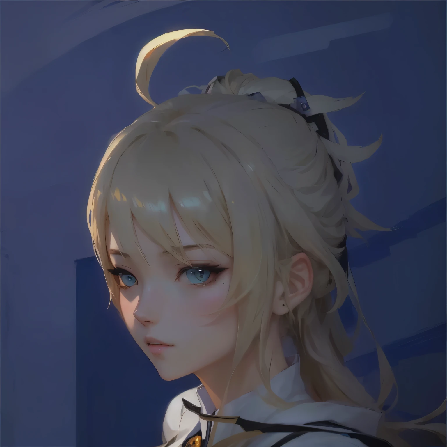 Anime girl with long blond hair and goatee on blue background, guweiz, In the anime painter studio, Produced in collaboration with Anime Painter Studio, ayaka Genshin Impact impact, Artwork in the style of Guweiz, Genshin Impact, return, Krenzkushat, guweiz on pixiv artstation, Key Anime Art