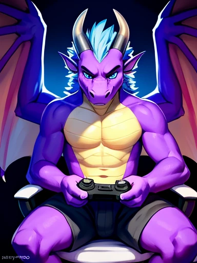 Rampageman a purple and tan anthropomorphic male dragon with purple horns, blue eyes, light blue hair and a tan torso chest is tan and wearing black and yellow shorts playing videogames on his computer with a gaming setup sitting on the gaming chair with a gaming setup angry looking 
Looks agitated angry very upset losing at the game
(((Showing anger)))

Big bright, (( Rampage a purple   anthropomorphic male dragon with a tan torso purple horns, blue eyes, light blue spiky hair, and pink wings ),(( rampage, huge , purple dragon with wings and a very tan chest and has hair on his head )) ,  at the viewer with a very romantic look and pose))) , big chest , day, , sensual, detailed, uploaded to e621, beautiful and detailed portrait of an anthropomorphic , (((male))) uploaded to e621, zaush, foxovh, movie lighting, thicc, alone, detailed, 8k res, hires, detailed eyes, good anatomy, good perspective, towards viewer, by bebebebebe, by sicklyhypnos, by gerkk, by orf, nice hands, perfect hands, happy, romantic, ray tracing lighting, rtx on, By Bebebebebe, by SpiritD, by KOBITOWANI, b est quality, masterpiece, perfect anatomy, detai led picture)), 1femboy, , sexy body, fluffy tail, shy, horny, romantic, up close, wearing not a single bit of clothing, huge thighs,rampage, huge , purple dragon with wings and a very tan chest and has light blue hair on his headrampage, huge , purple dragon with wings and a very tan chest and has light blue hair on his headrampage, huge ,Rampageman a purple and tan anthropomorphic male dragon with purple horns, blue eyes, light blue hair and a tan torso chest is tan and wearing black and yellow shorts playing videogames on his computer with a gaming setup sitting on the gaming chair with a gaming setup angry looking 
Looks agitated angry very upset losing at the game
(((Showing anger)))