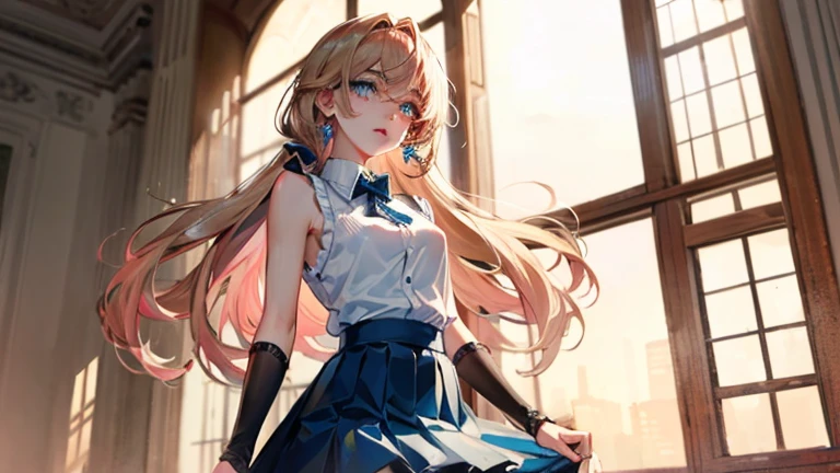 ((best quality)), ((masterpiece)), (detailed), Perfect face,, blue eyes, Pink blonde hair, off and on long hair, skirt, shirt, Jewel-like, white shirt, pleated skirt, ear nipple ring, Sleeveless, blue skirt, arms, Sleeveless shirt, off and on indoors, off and on looking at viewer, off and on (masterpiece:1.2), Best quality, high resolution, Unity8k wallpaper, (Implications:0.8), (Beautiful and delicate eyes:1.6), Extremely detailed face, perfect ligthing, 极其detailed CG, (Perfect hands, perfect anatomy),