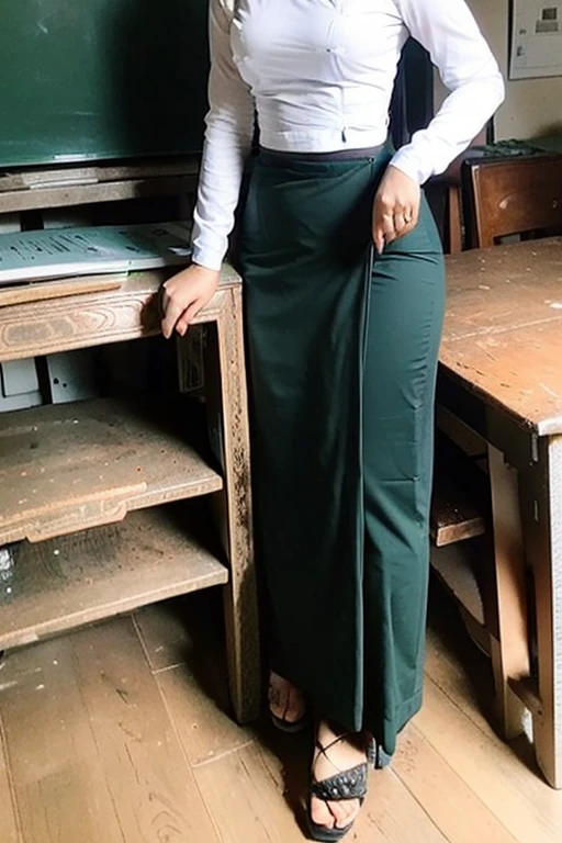 A school teacher is 30years old.Tall, thin, big hips, big breasts, black hair, small lips, brown eyes, attractive, K.Top=white Burmese blouse,With long sleeves,Buttoned at the side.Bottom=(Dark green) long skirt.
Footwear=female Burmese sandals,The hair is knotted bun.