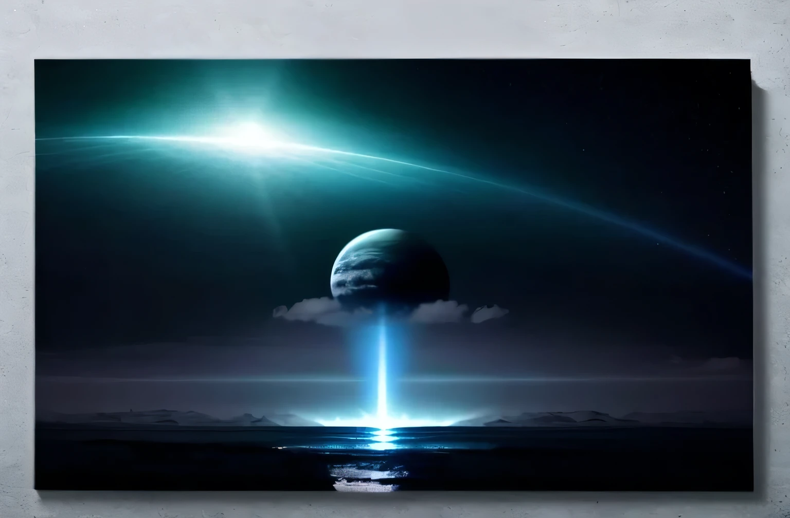 A beam of light penetrates the sea, disrupting the water in the beginnings of a radial tsunami