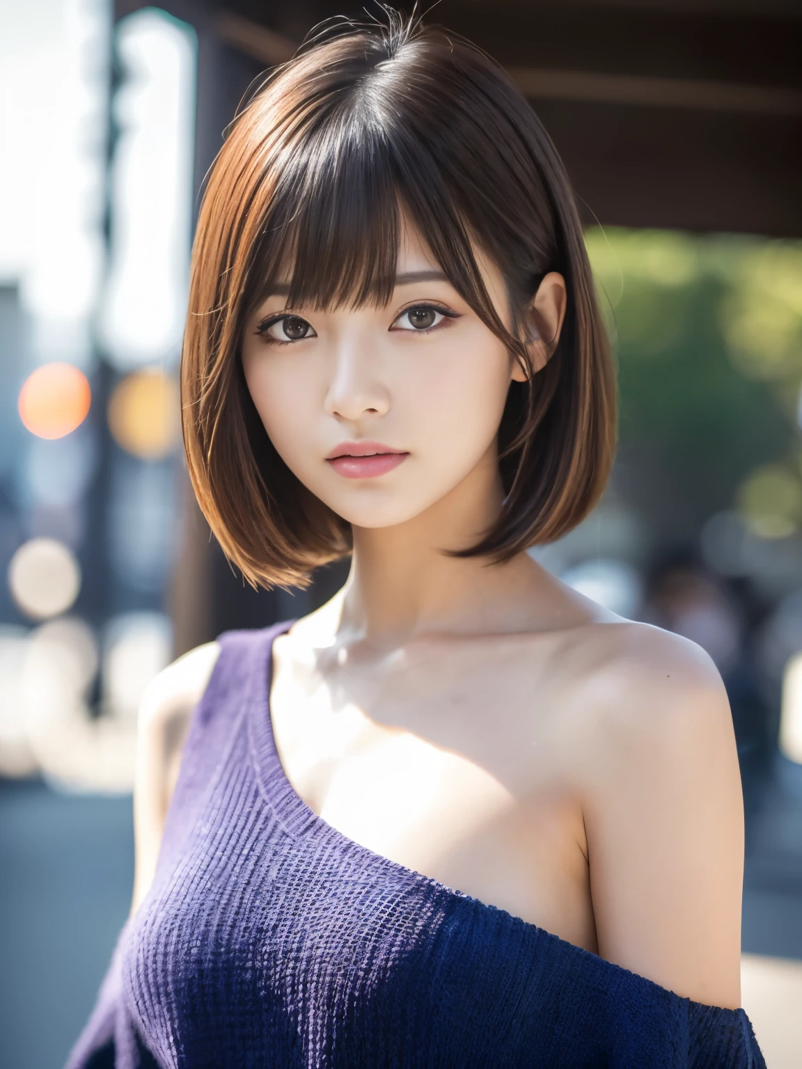 Ultra High Definition, Superior Quality, Premier Quality, ultra detailed, Photorealistic, 8k, RAW Photos, highest quality, masterpiece, Attractive girl, Stunning girl, Shoulder Length Layered, asymmetrical bangs, Japanese Idol, Sophisticated, Stylish, v-neck knit, Shibuya, Great Joy