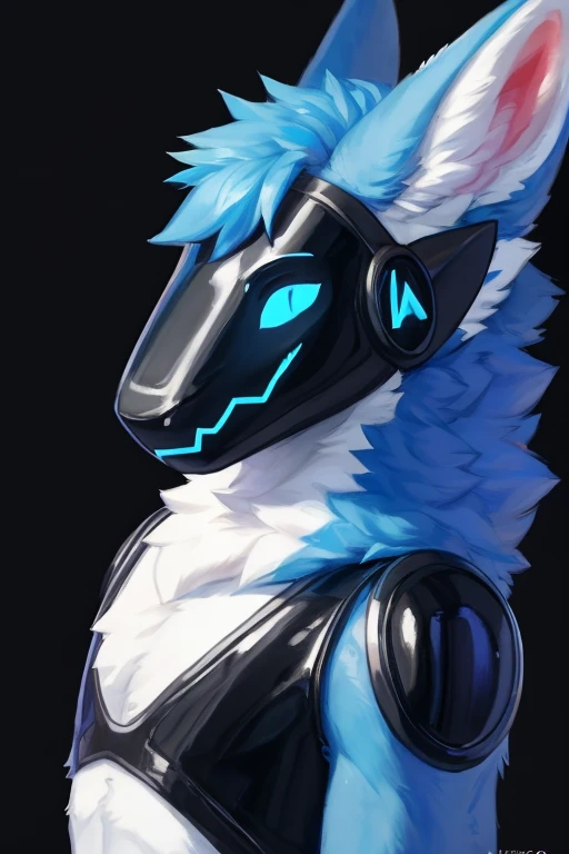 ,(( blue fur color with small amounts of white)) for body protogen with a black chest plate black metal armor chestplate) ) ,  looking at viewer , big chest , day, , sensual, detailed, uploaded to e621, beautiful and detailed portrait of an anthropomorphic , (((male))) uploaded to e621, zaush, foxovh, movie lighting, thicc, alone, detailed, 8k res, hires, detailed eyes, good anatomy, good perspective, towards viewer, by bebebebebe, by sicklyhypnos, by gerkk, by orf, nice hands, perfect hands, happy, romantic, ray tracing lighting, rtx on, By Bebebebebe, by SpiritD, by KOBITOWANI, best quality, masterpiece, perfect anatomy, detailed picture)), 1femboy, with a very black background, profile picture artwork for profile picture