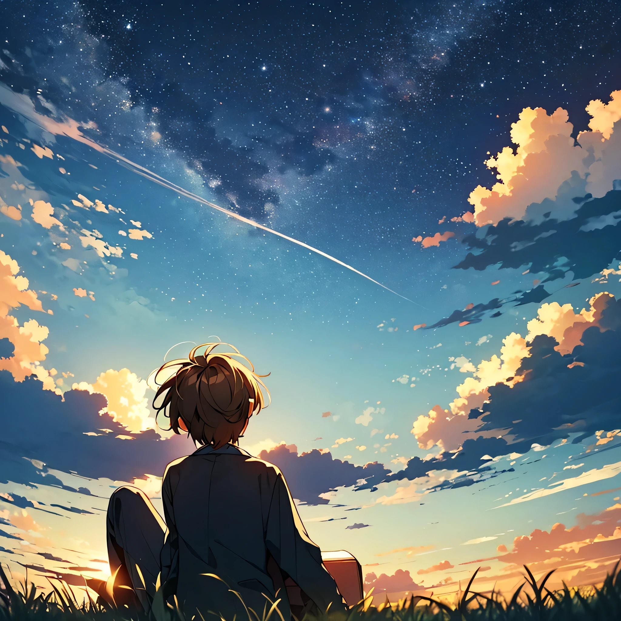 A guy sits on the grass looking at the cloudy sky where the sun is shining and the stars are falling ,((rear view)), color scheme: warm colors