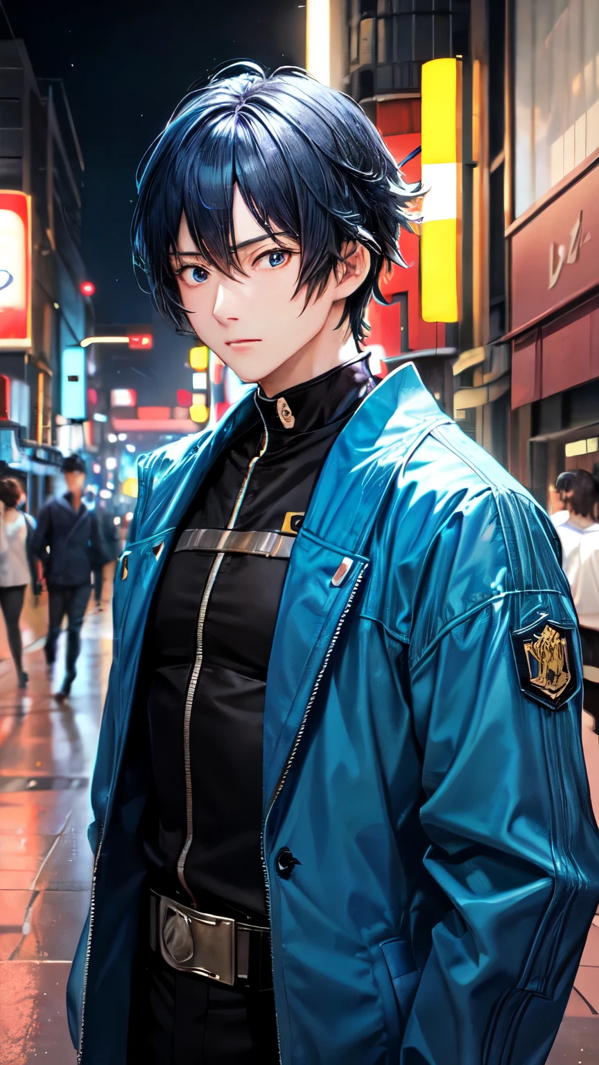 "Illustrate Yoru, the Japanese duelist from Valorant, giving a reassuring nod to his teammates before a critical mission. Yoru, with his blue hair and blue jacket, should be standing at the forefront, exuding confidence and determination. His teammates should be positioned around him, looking motivated and ready. The background should depict a dark urban environment with neon lights, highlighting the intense atmosphere before the mission."