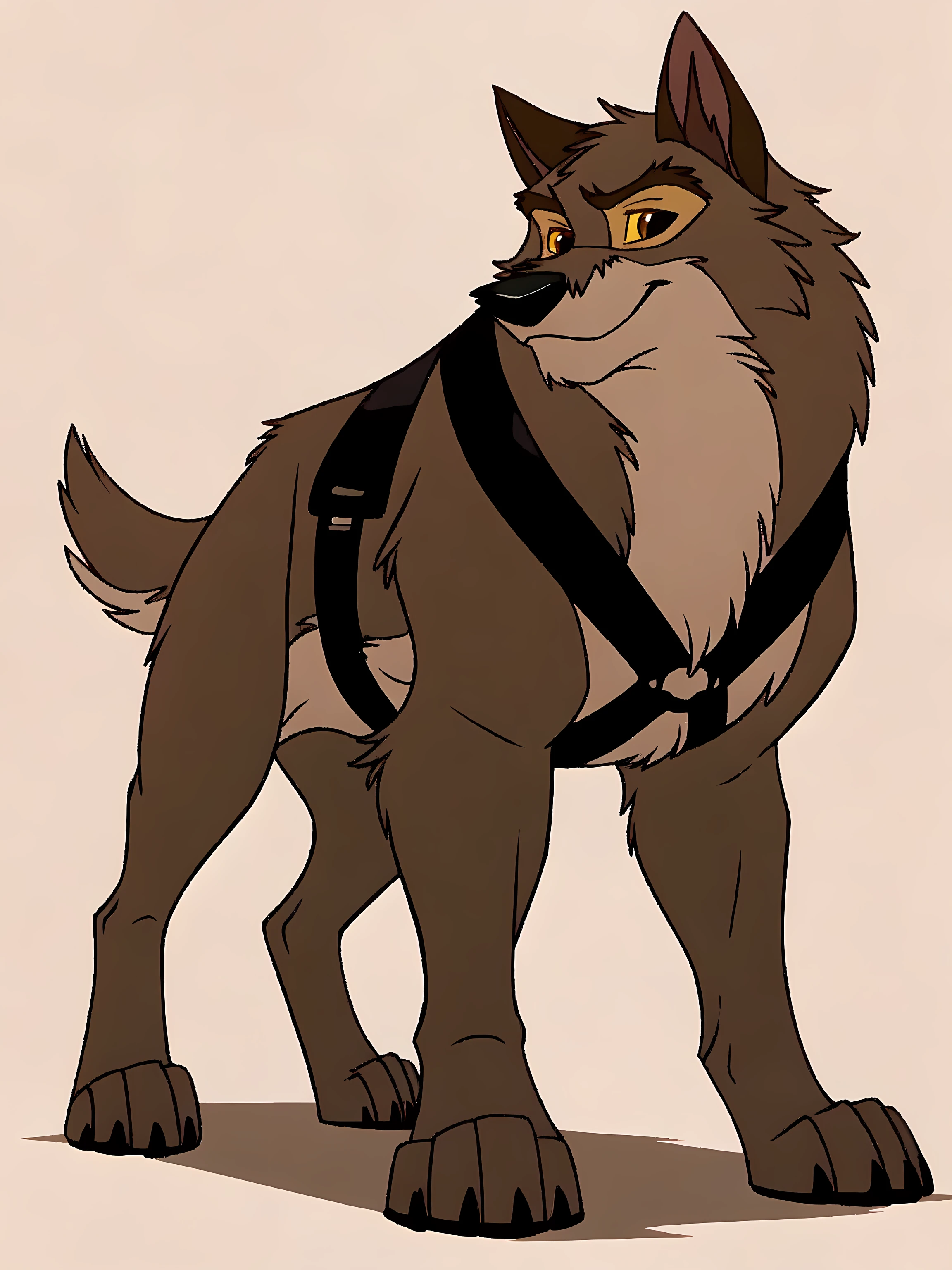 balto, full body, feral, detailed, detailed eyes, quadruped, very muscular:1.0, pectorals:1.2, biceps, wfa anatomy, black lineart, black outline, male, masculine, adult, wolf, wolf body, wolf tail, brown iris, yellow sclera, cartoon shading, cel shaded:1.0, white background, full body, paws, wearing black harness, detailed black harness