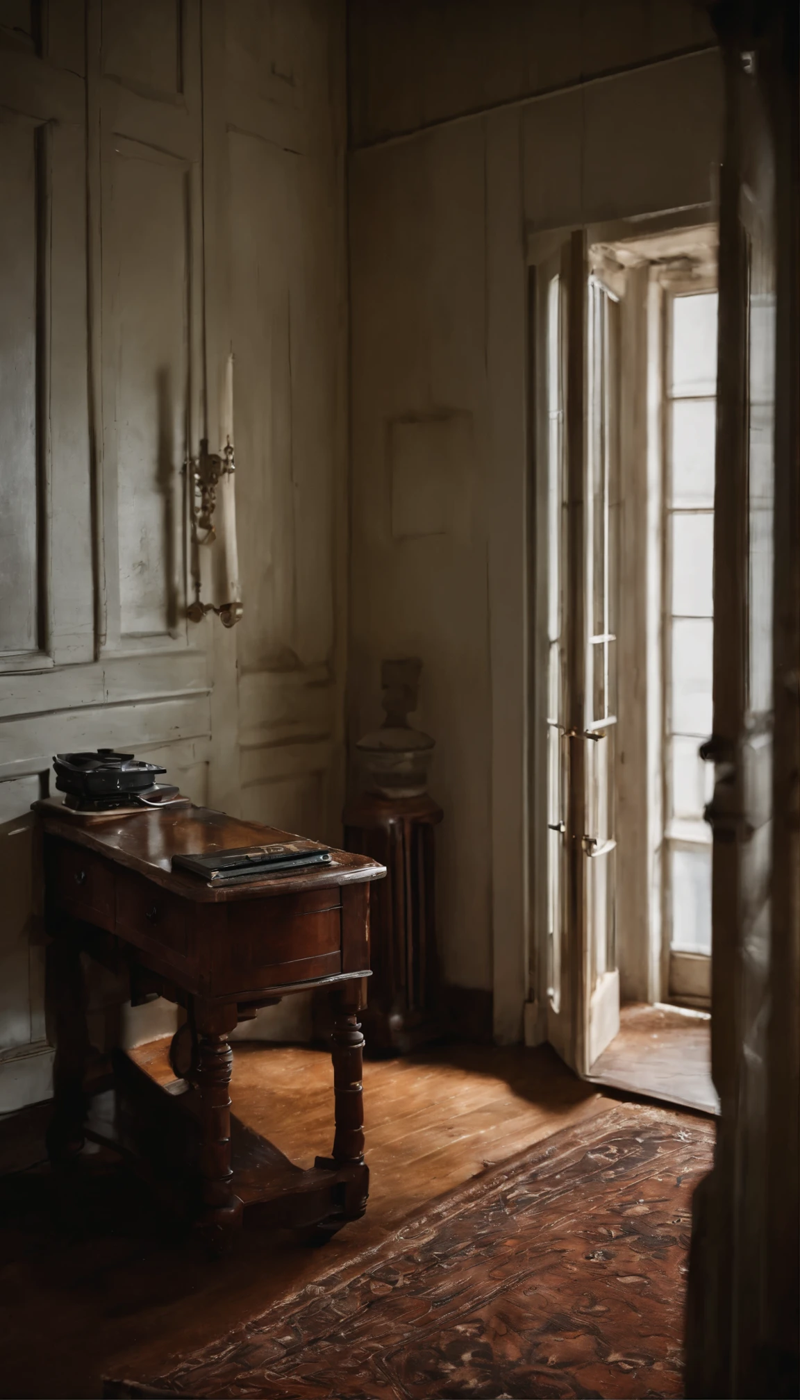 photo of a bedroom, Hotel Rooms, Rustic, Wooden floor, Wooden wall, rug, corridor, (bed:1.2), Antique wooden desk and chair, Blood, scenery, dark, (Horror Theme), Film Grain, Ray Tracing, highest quality, masterpiece, Ultra-high resolution, 8k