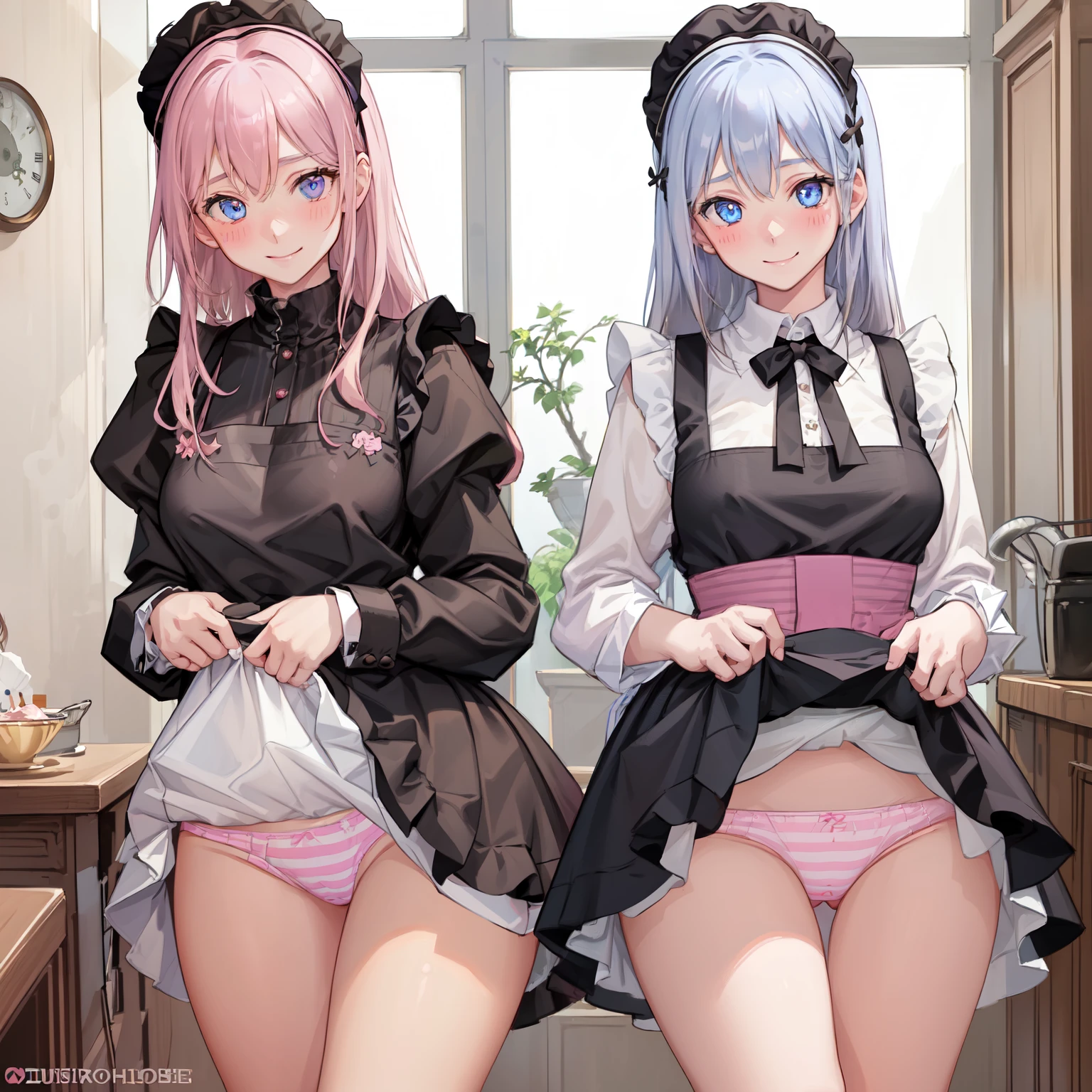 highest quality, masterpiece, ((2 girls:1.5)), ((smile:1.3)), (blush:1.3), Black Shirt, blouse, ((fun!!)), (Small breasts), Blonde, (Long sleeve), ((White apron:1.5)), ((Maid)), ((hair ornaments)), Kamimei, look at me, ((in house:1.5)), Taking a break from watching the audience, Cowboy Shot, (skirtlift:1.3), (Highly detailed pink striped panties:1.3), (Highly detailed panties:1.3), (skirt that rolls up:1.3), (Panties fully exposed:1.5), Light blue eyes, long hair, Glowing Eyes