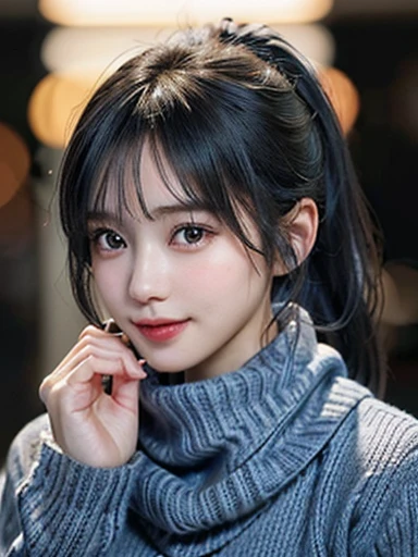 1 Japanese girl,(Stylish blue sweater:1.4),(Stylish grey scarf:1.4), (RAW Photos, highest quality), (Realistic, Photorealistic:1.4), Tabletop, Very delicate and beautiful, Very detailed, 8k wallpaper, wonderful, In detail, Very detailedなCG Unity, High resolution, Soft Light, Beautiful details 25 years old, Very detailedな目と顔, Beautifully detailed nose, (Beautiful fine details,Looking at this), Cinema Lighting,City lights at night,Perfect Anatomy,Slender body,((Perfect Fingers)),G-Cup, smile  (My hair is messy, Asymmetrical bangs, Black Hair,ponytail)