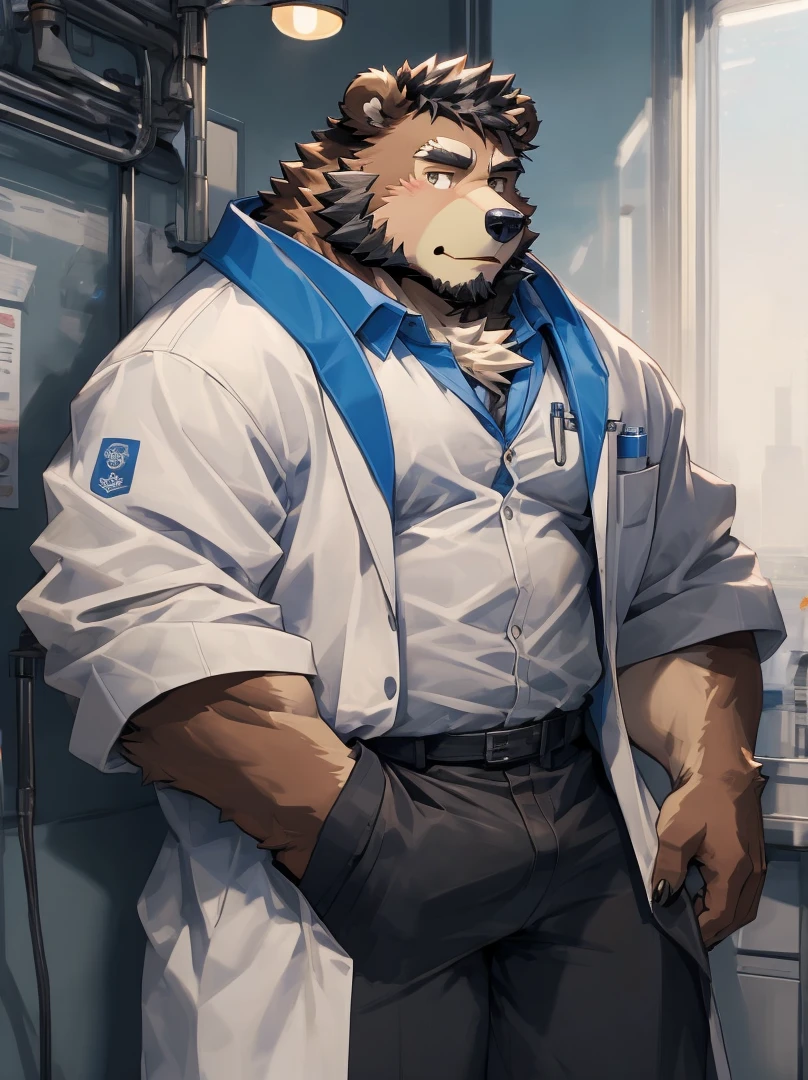 (Super detailed), Sharp focus,hairy, Black and white fur), black beard, Black Hair,human nature (棕Bear:1.3), male, Middle-aged and elderly, Brown body, White belly, Muscular ,(Crotch bulge),Super detailed的脸,(dishevelled:1.4),(best quality), (masterpiece), High Detail, high quality,High resolution,16K,(Bear:1.3),(White coat),(Hospital)