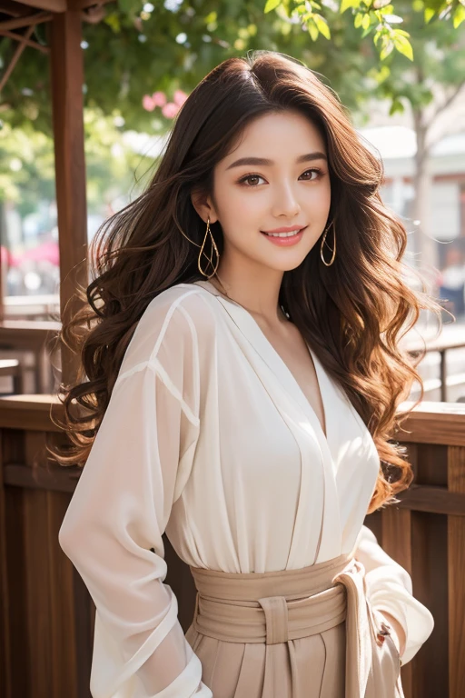 highest quality、4K、Perfect Face、Perfect Style、Sunburn、beautiful、stylish appeal、Mature、long curly layer brown hair、Swept-back hair、full body, pierce、in Japan、Bronze eyeshadow, highlighter, mascara, light foundation、beautiful legs、smile、cherrybrossam、sakura