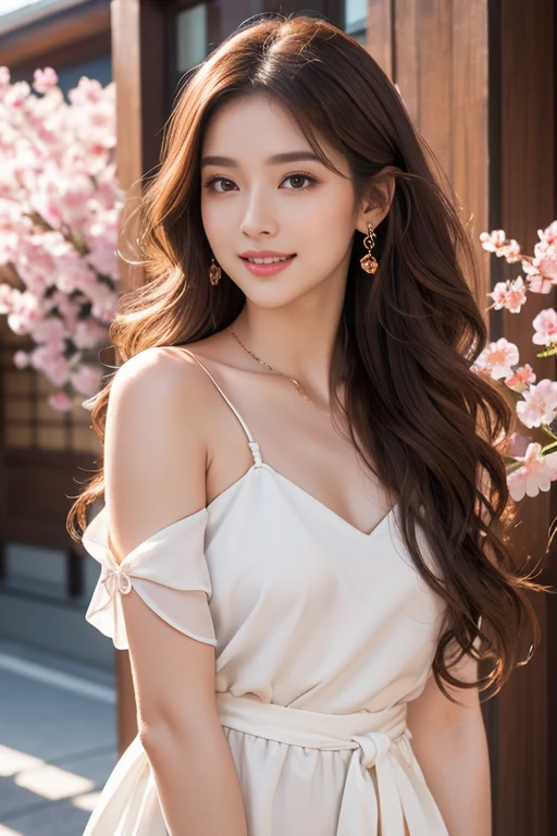 highest quality、4K、Perfect Face、Perfect Style、Sunburn、beautiful、stylish appeal、Mature、long curly layer brown hair、Swept-back hair、full body, pierce、in Japan、Bronze eyeshadow, highlighter, mascara, light foundation、beautiful legs、smile、cherrybrossam、sakura