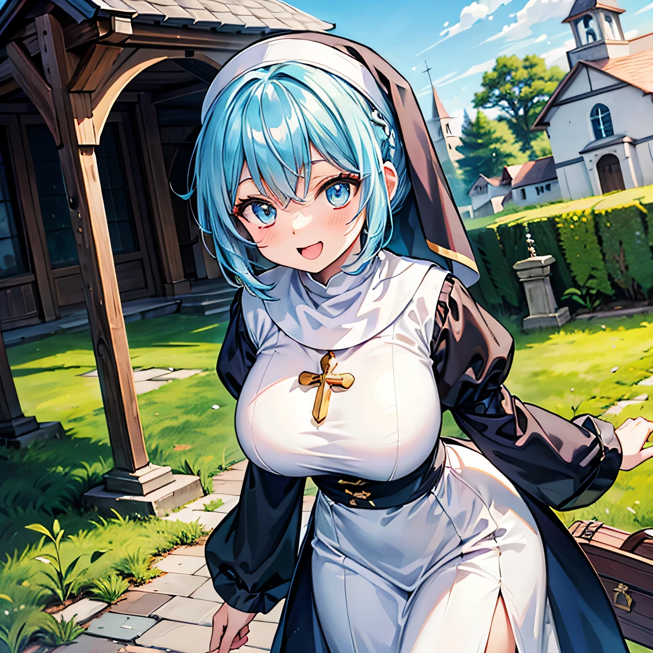 Anime Moe Art Style,highest quality,High resolution,Anatomically correct,One Girl,Mid-teens,A girl with light blue hair in a ponytail,Super detailed,Fantasy World,Nuns,Monastic Clothes,Big Breasts,A rich expression,Laughing with your mouth open,early morning,Outdoor,Church yard,Playing with children,Eyes drawn in detail,Gold Rosary,8K