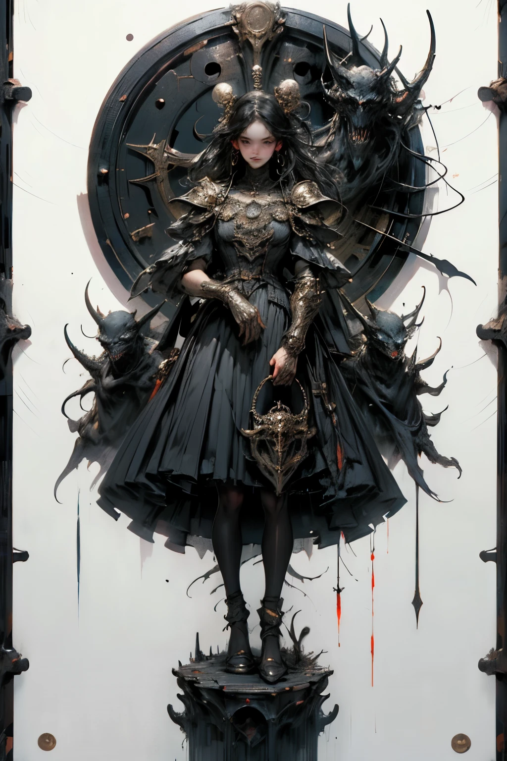 ((best quality)), ((masterpiece)), (detailed), perfect face ((best quality)), ((masterpiece)), (detailed), blank white background, plain background, white background, Bloodborne inspired, occult aesthetic, occult, detailed and intricate steampunk and detailed gothic, NSFW, Very dramatic and cinematic lighting, cosmic horror, grim-dark, side-lighting, perfect face, a beaituful goddess adorned and enshrined in armour, Bloodborne inspired , occult aesthetic, occult, detailed and intricate steampunk and detailed gothic, wielding a sword and holding a shield, NSFW, Fluttering lace flared long knee length dress with frilly petticoats, knee length dress, pleated petticoats, lolita dress, petticoats gothic lolita, side-lighting, gothic lolita aesthetic, beautiful small breasts, small breasts, full body, whole body, body, plain background, white background, blank background, no background, white background NSFW, full body, whole body, head-to-toe