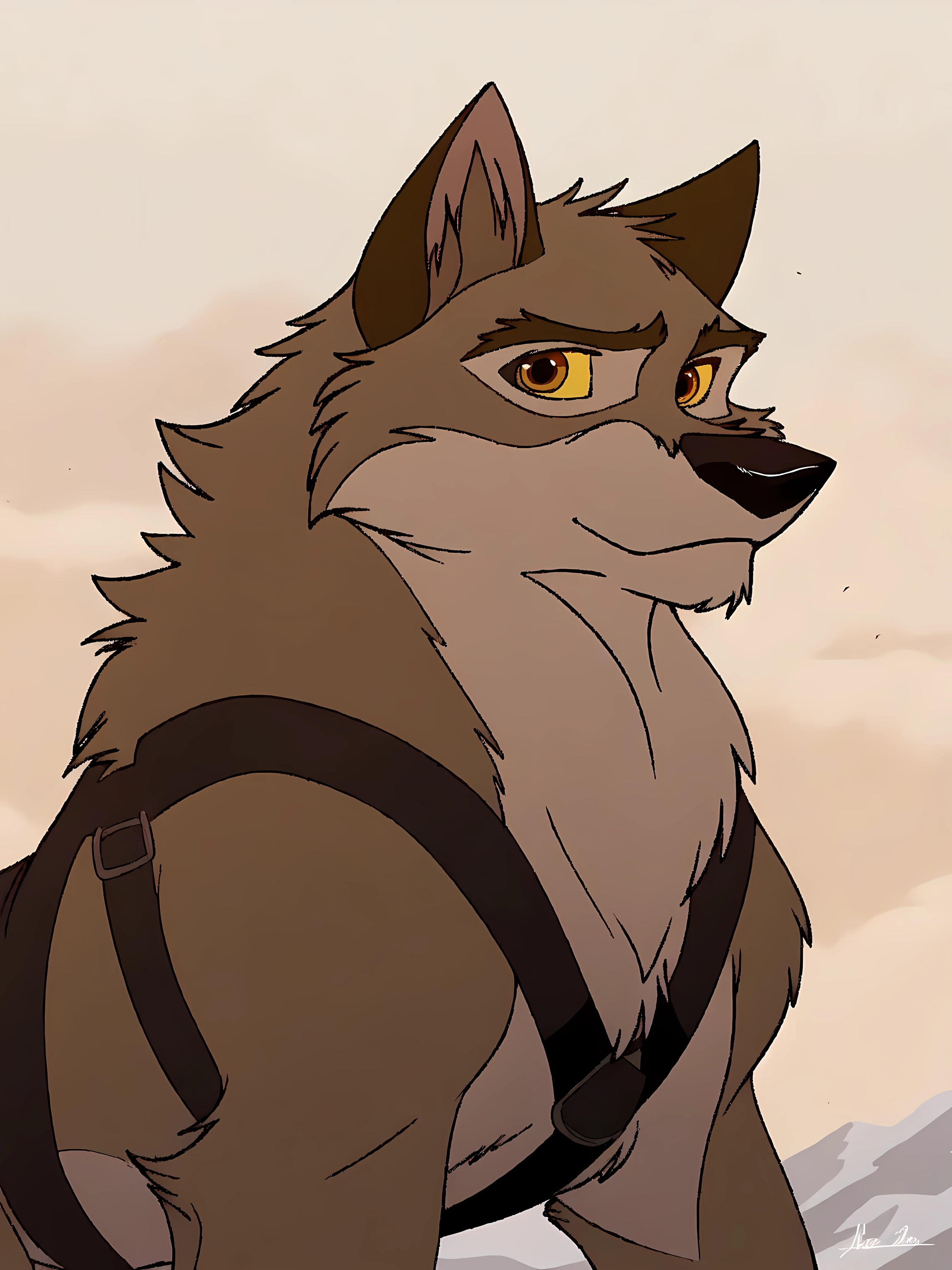 balto, full body, feral, detailed, detailed eyes, quadruped, very muscular:1.0, pectorals:1.2, biceps, wfa anatomy, black lineart, black outline, male, masculine, adult, wolf, wolf body, wolf tail, brown iris, yellow sclera, cartoon shading, cel shaded:1.0, white background, wearing black harness, detailed black harness