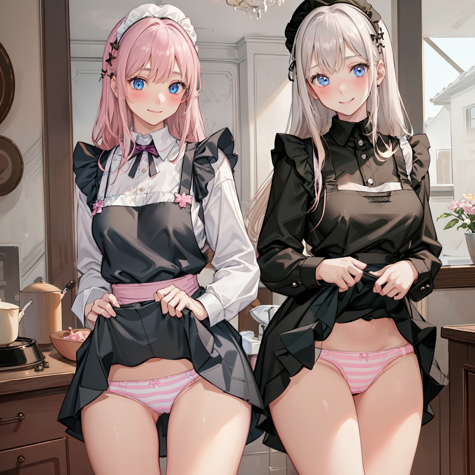 highest quality, masterpiece, ((2 girls:1.5)), ((smile:1.3)), (blush:1.3), Black Shirt, blouse, ((fun!!)), (Small breasts), Blonde, (Long sleeve), ((White apron:1.5)), ((Maid)), ((hair ornaments)), Kamimei, look at me, ((in house:1.5)), Taking a break from watching the audience, Cowboy Shot, (skirtlift:1.3), (Highly detailed pink striped panties:1.3), (Highly detailed panties:1.3), (skirt that rolls up:1.3), (Panties fully exposed:1.5), Light blue eyes, long hair, Glowing Eyes