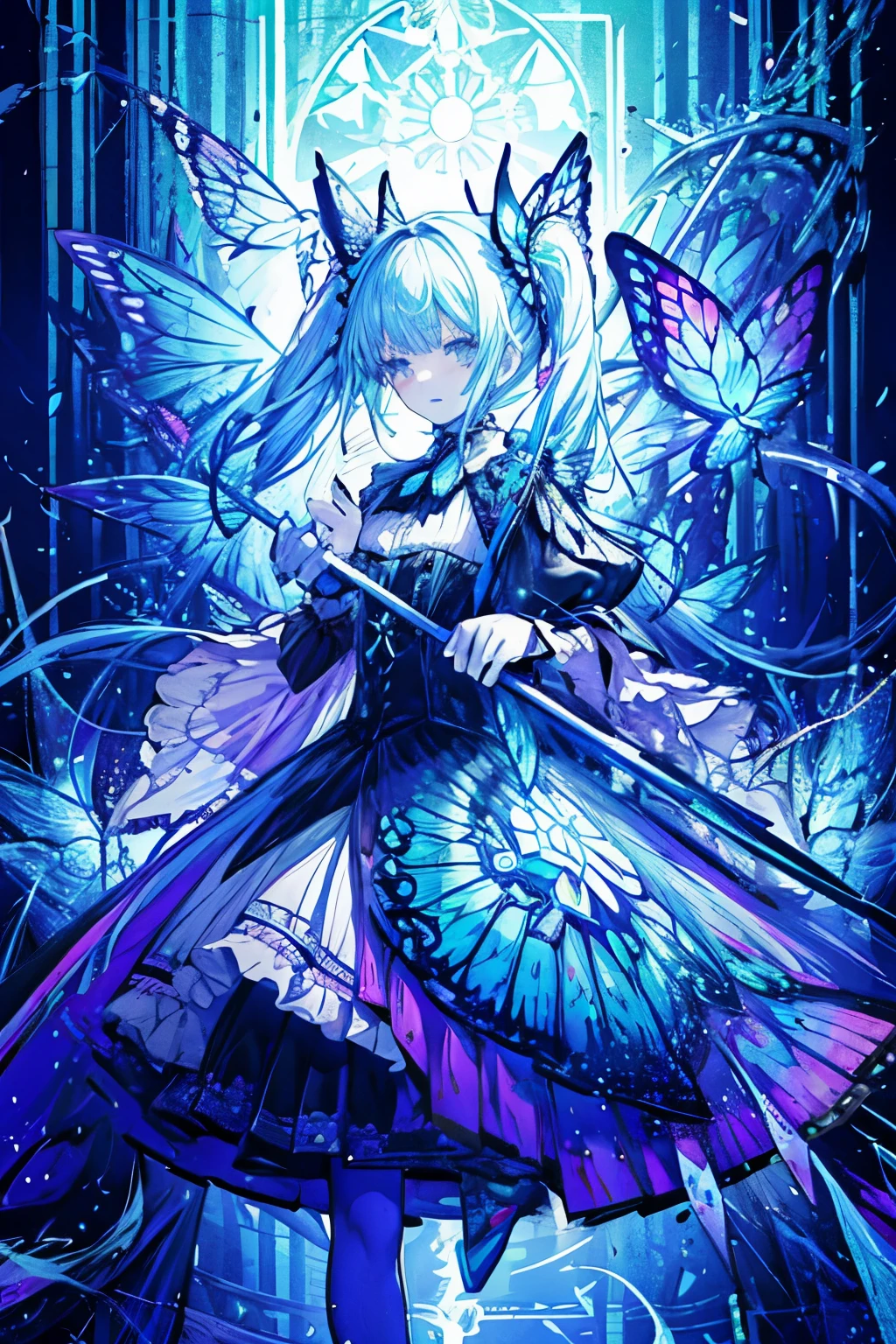 Illustration style, fine glasswork representation, fluorescent colors, girl in distance, butterfly motif,, mechanical motif, mirror floor, ground reflecting,, mandala, light swirls, twin tails, gothic-ta style frilly dress, sparkles, star drops, (very complex), high brightness, low contrast, Nidjiani style,holding sword,ASU1,Detail