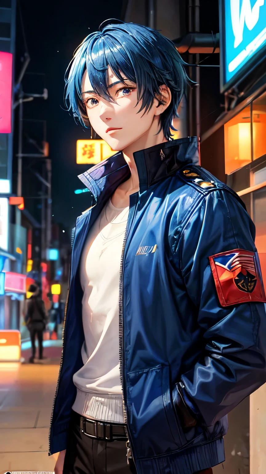 "Illustrate Yoru, the Japanese duelist from Valorant, giving a reassuring nod to his teammates before a critical mission. Yoru, with his blue hair and blue jacket, should be standing at the forefront, exuding confidence and determination. His teammates should be positioned around him, looking motivated and ready. The background should depict a dark urban environment with neon lights, highlighting the intense atmosphere before the mission."