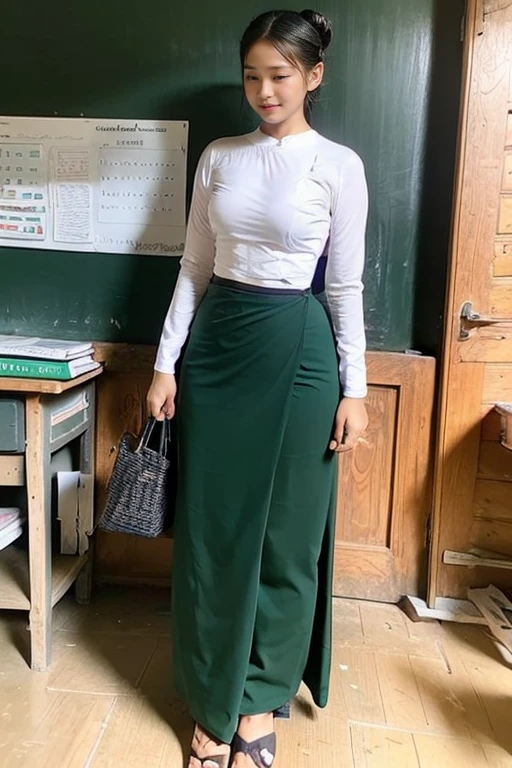 A school teacher is 30years old.Tall, thin, big hips, big breasts, black hair, small lips, brown eyes, attractive, K.Top=white Burmese blouse,With long sleeves,Buttoned at the side.Bottom=(Dark green) long skirt.
Footwear=female Burmese sandals,The hair is knotted bun.