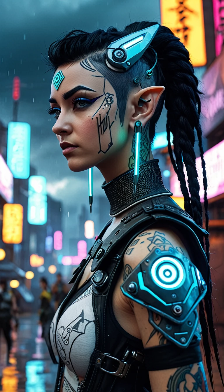 Wide shot, A young elf woman in a cyberpunk borderlands, elf ears, intricate cyberpunk tattoos, multiple facial piercings, futuristic cyberpunk outfit, dark sci-fi, borderlands, high-tech weapon, dramatic lighting, ominous thunderstorm, cinematic composition, hyper-detailed, 8k, photorealistic, masterpiece