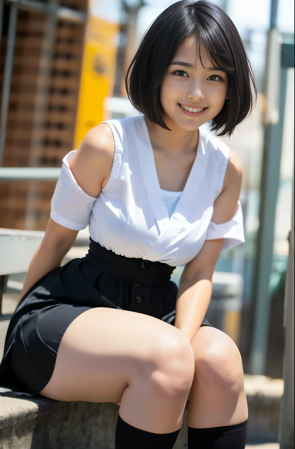 （8k、Raw photography、highest quality、masterpiece：1.2),(Black-haired、Very short hair:1.8),(:1.3)、View your audience,Viewed from the front,White skin,(high school girl、 Japan Women&#39;s High School:1.6)、(Tight waist:1.6)、(Clothes that accentuate the shape of the breasts:1.0)、(Big Breasts :1.3)、Slim figure、Ultra-high resolution,beautiful,beautiful fece,(one person、No background:1.9),whole bodyボディー,Japanese women,（reality的：1.37）、Photon Mapping,reality、(Baby-faced and cute: 1.4)、(Cute Smile: 1.8)、(Round face: 1.8)、Radio City、Physically Based Rendering、Depth of field rally background、photograph, (I can see your knees、Thigh close-up:1.8),（:1.4）,whole body、Great quality