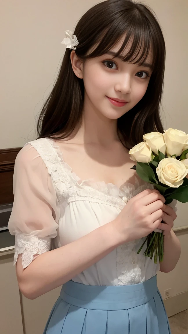 Medium display, Medium Shot, Depth of written boundary, bust, Upper Body, Movie angle, masterpiece, highest quality, Very detailed, CG, 8k wallpaper, Beautiful Face, Delicate eyes, Otome, alone, smile, bangs, skirt, shirt, Have, dress, bow, petal, bouquet