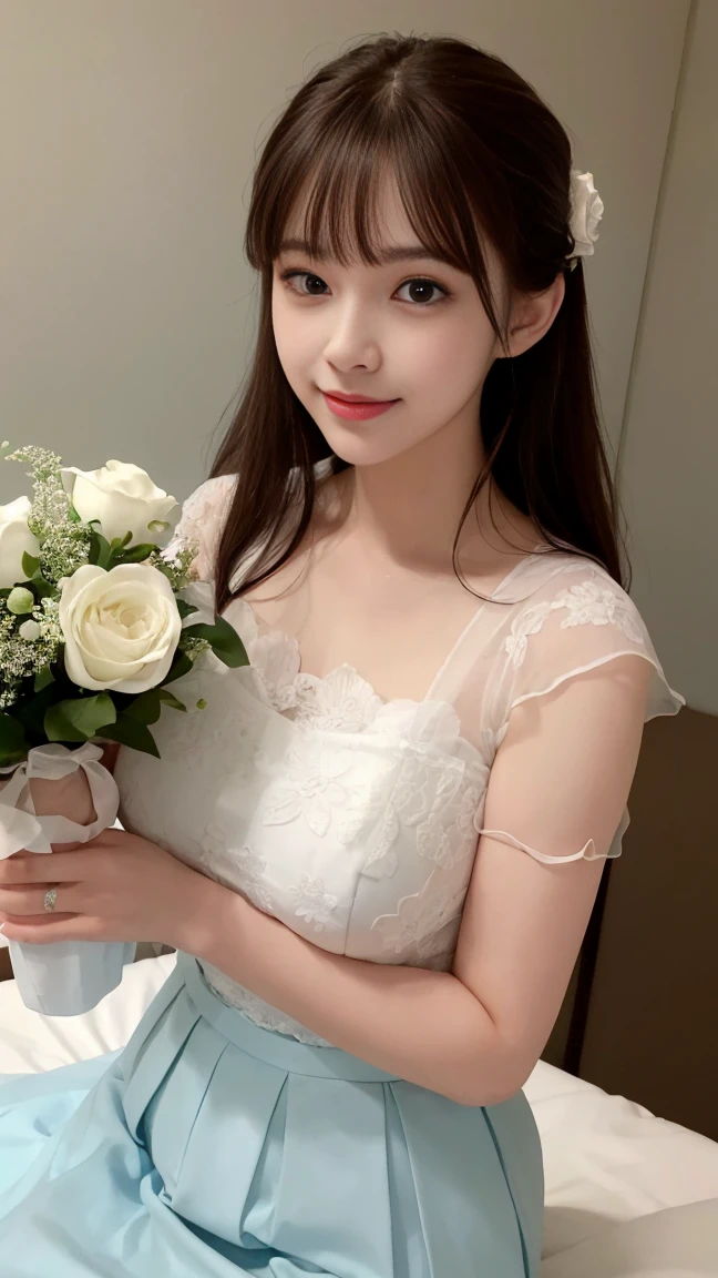 Medium display, Medium Shot, Depth of written boundary, bust, Upper Body, Movie angle, masterpiece, highest quality, Very detailed, CG, 8k wallpaper, Beautiful Face, Delicate eyes, Otome, alone, smile, bangs, skirt, shirt, Have, dress, bow, petal, bouquet