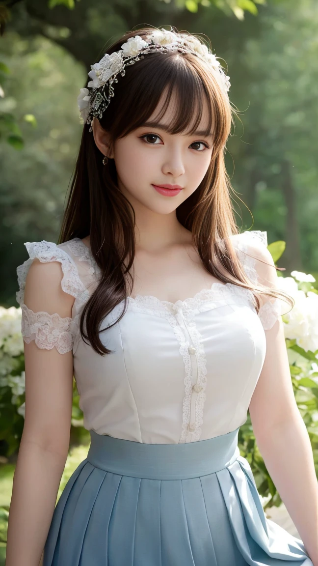 Medium display, Medium Shot, Depth of written boundary, bust, Upper Body, Movie angle, masterpiece, highest quality, Very detailed, CG, 8k wallpaper, Beautiful Face, Delicate eyes, Otome, alone, smile, bangs, skirt, shirt, Have, dress, bow, petal, bouquet