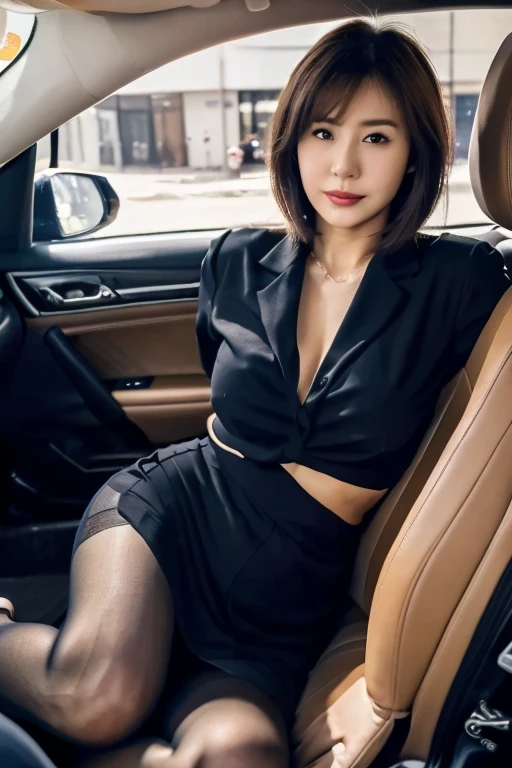 ((highest quality、8k、masterpiece:1.3))、Sharp focus, high resolution, High resolution, Portraiture, Beautiful mature woman, One Japanese person、Beautiful woman, 40 years old, Short black hair, (fit & Flared silhouette:1.5), (pantyhose:1.3), (Spread your legs:1.3)、(Skirt flipped up:1.3), (close ~ eye:1.3), Wink, (Captivating look:1.5), Trying to get out of the passenger seat of a car, Clothes wide open on the chest、カメラeye線、