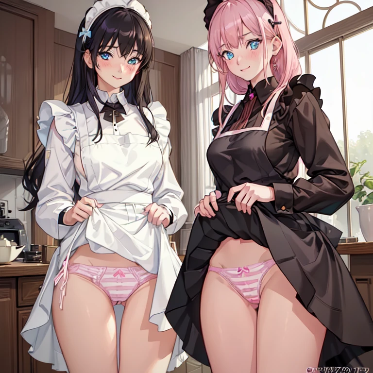 highest quality, masterpiece, ((2 girls:1.5)), ((smile:1.3)), (blush:1.3), Black Shirt, blouse, ((fun!!)), (Small breasts), Blonde, (Long sleeve), ((White apron:1.5)), ((Maid)), ((hair ornaments)), Kamimei, look at me, ((in house:1.5)), Taking a break from watching the audience, Cowboy Shot, (skirtlift:1.3), (Highly detailed pink striped panties:1.3), (Highly detailed panties:1.3), (skirt that rolls up:1.3), (Panties fully exposed:1.5), Light blue eyes, long hair, Glowing Eyes